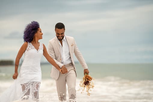 Groom, Bride, Walk on water, Beach, Newlyweds